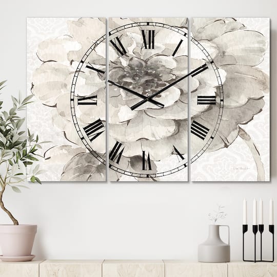 Designart Indigold Gray Peonies I Traditional 3 Panel Wall Clock
